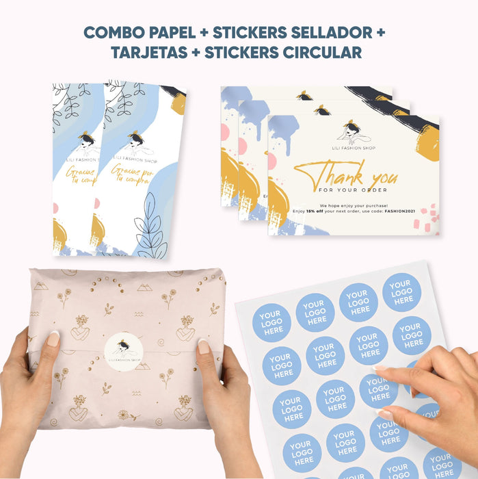 Combo Papel + Sticker Circular + Sticker Sellador + Tarjetas de Agradecimiento