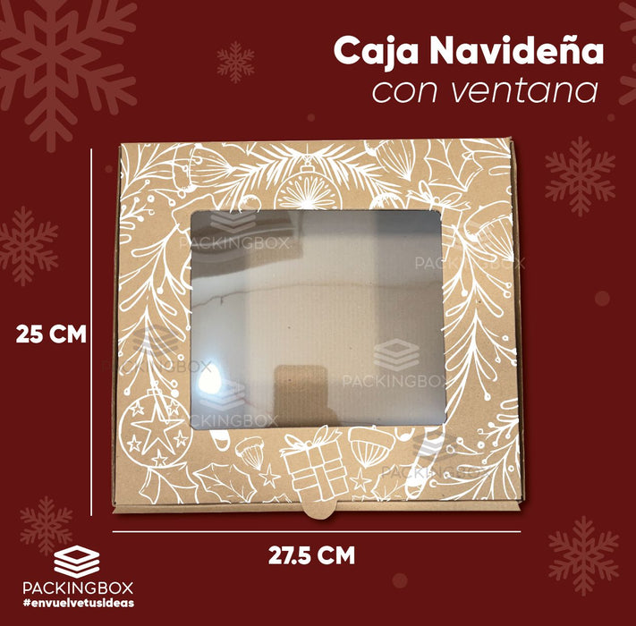 Caja NAVIDEÑA Kraft con Ventana Cuadrada 27.5 x 25 x 11 cm