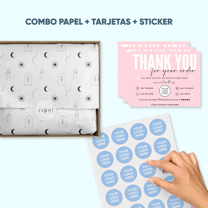 Combo Papel + Sticker Circular + Tarjetas de Agradecimiento